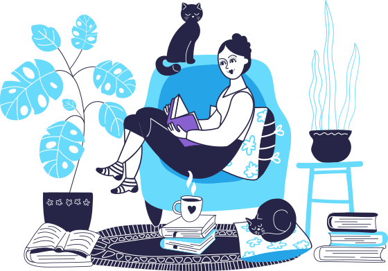 woman sitting in chair reading with cats and plants